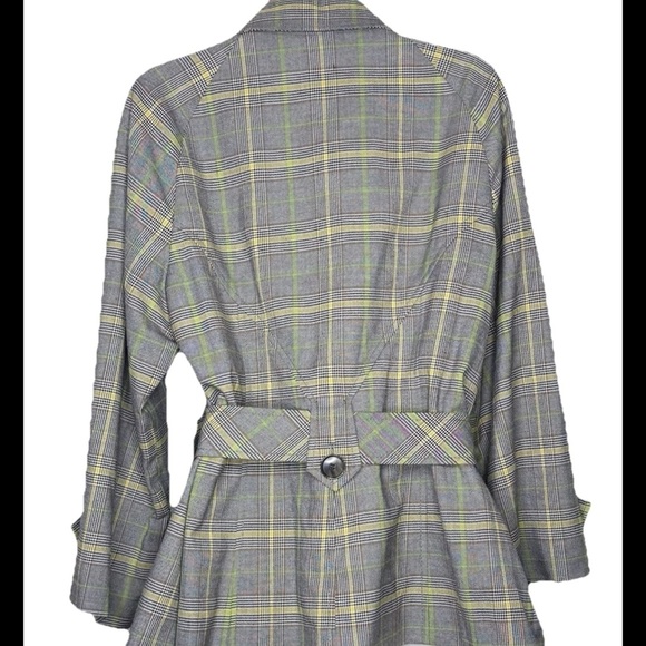 Vintage Kasper Women’s Plaid Pea Coat 16 Gray Yellow Green Belted Long Sleeves - Picture 6 of 11